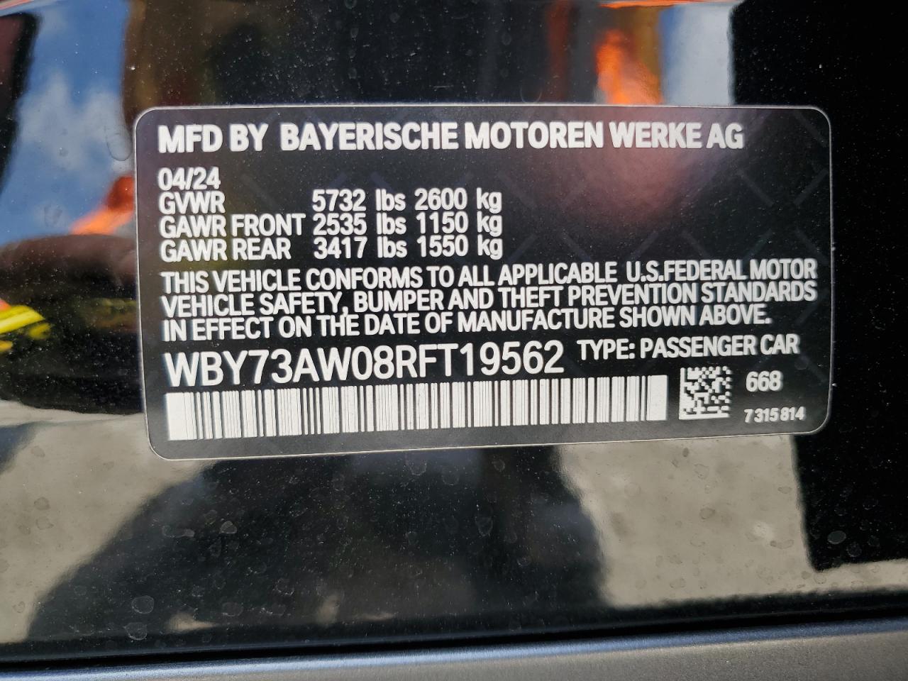2024 BMW I4 Edrive 40 VIN: WBY73AW08RFT19562 Lot: 55565305
