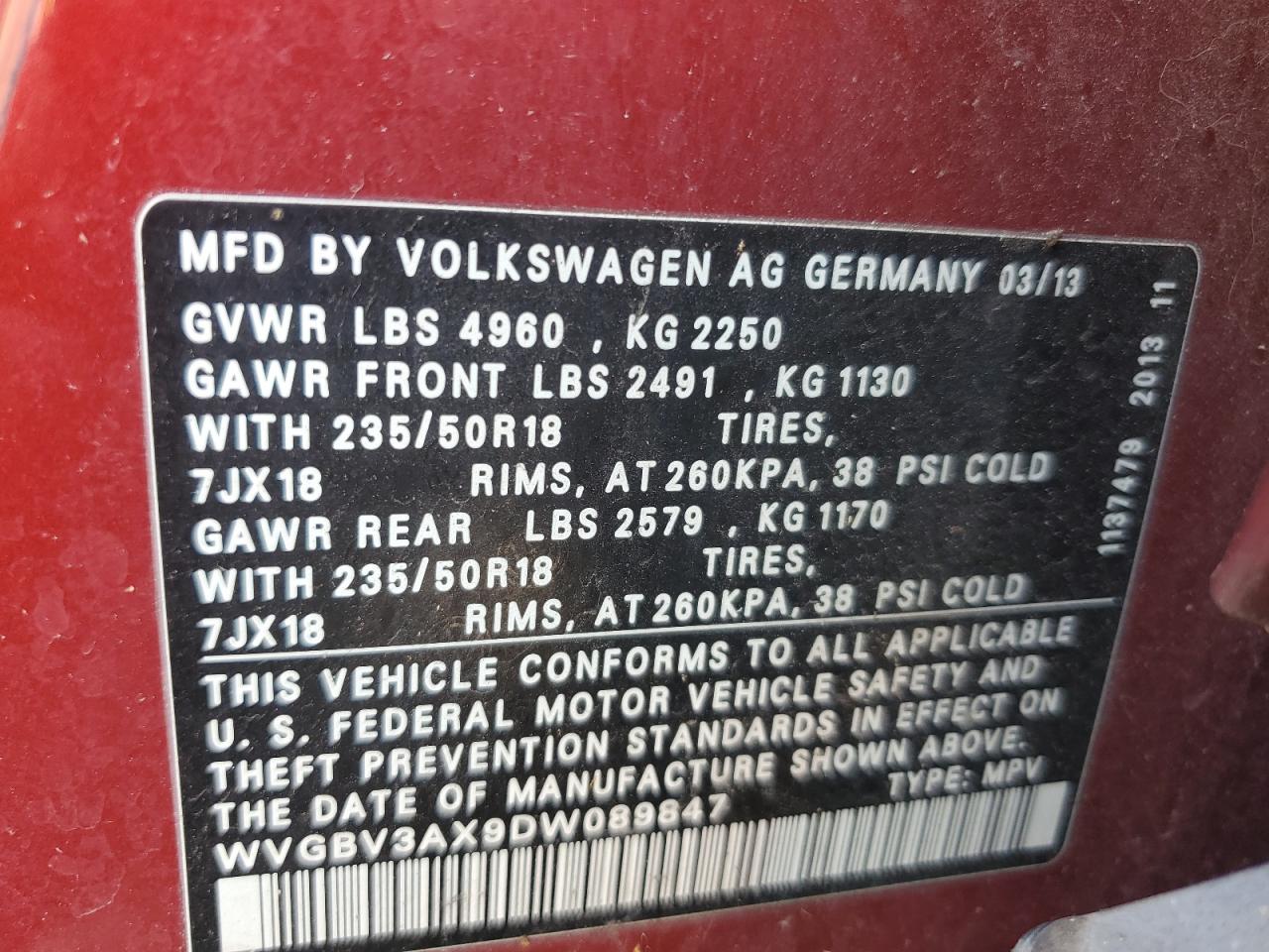 2013 Volkswagen Tiguan S VIN: WVGBV3AX9DW089847 Lot: 58958915