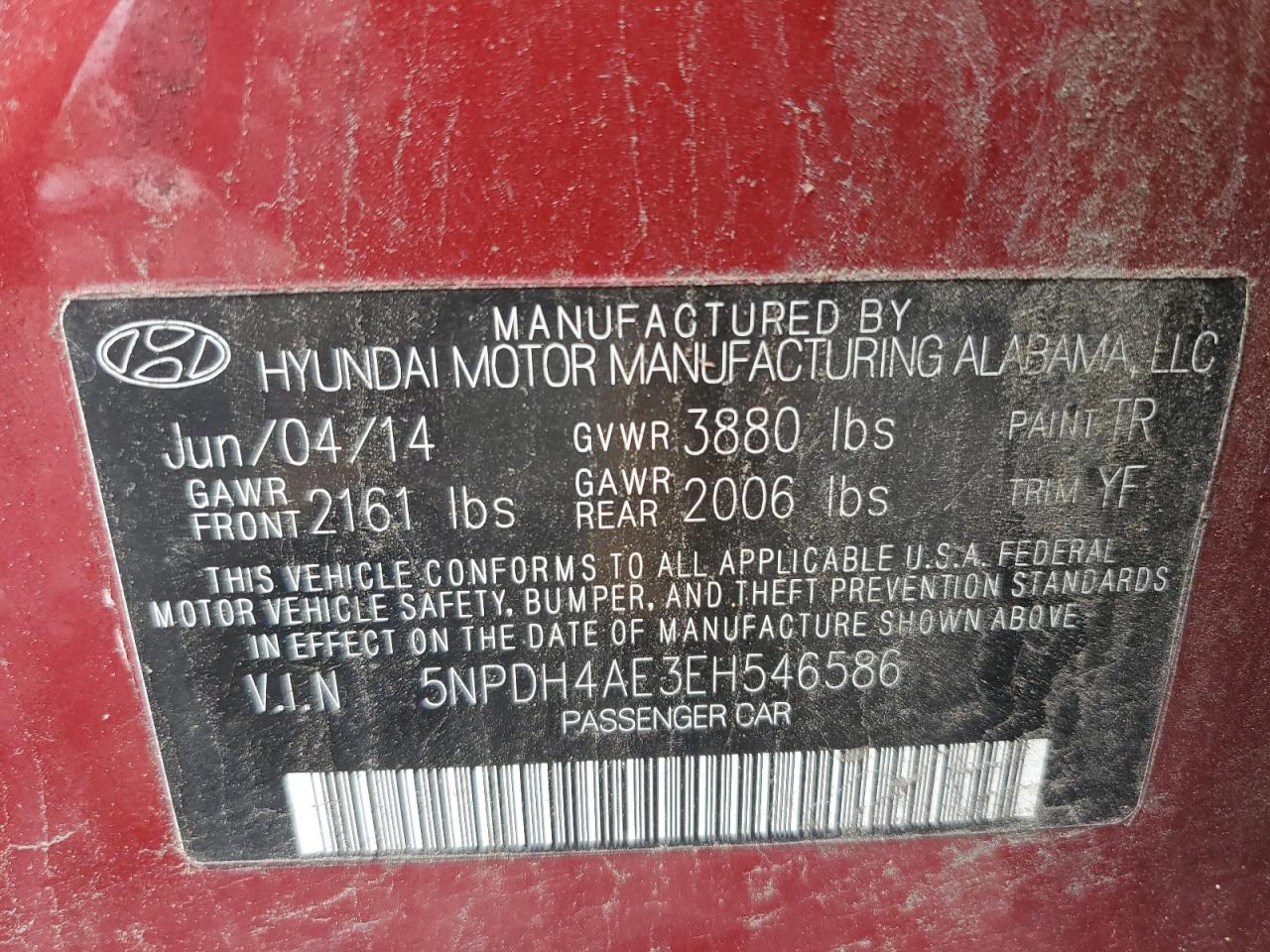 2014 Hyundai Elantra Se VIN: 5NPDH4AE3EH5465YW Lot: 56592145