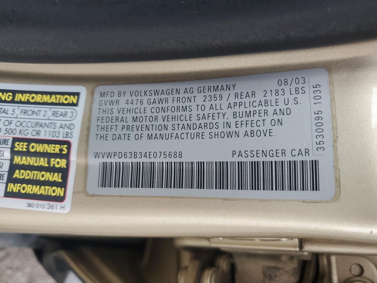 2004 Volkswagen Passat Gls VIN: WVWPD63B34E075688 Lot: 56297475
