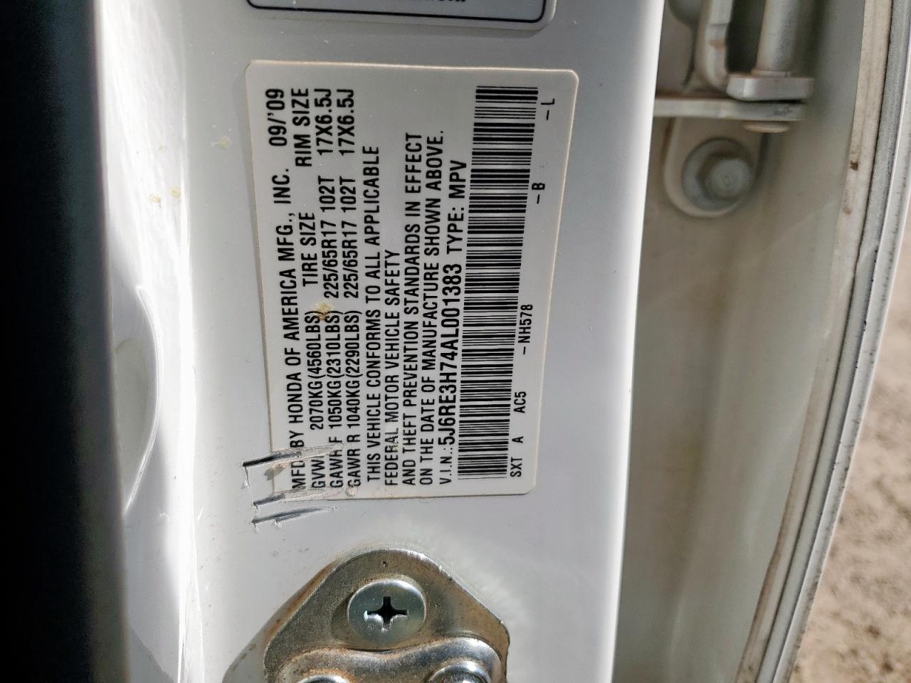 2010 Honda Cr-V Exl VIN: 5J6RE3H74AL001383 Lot: 56856105