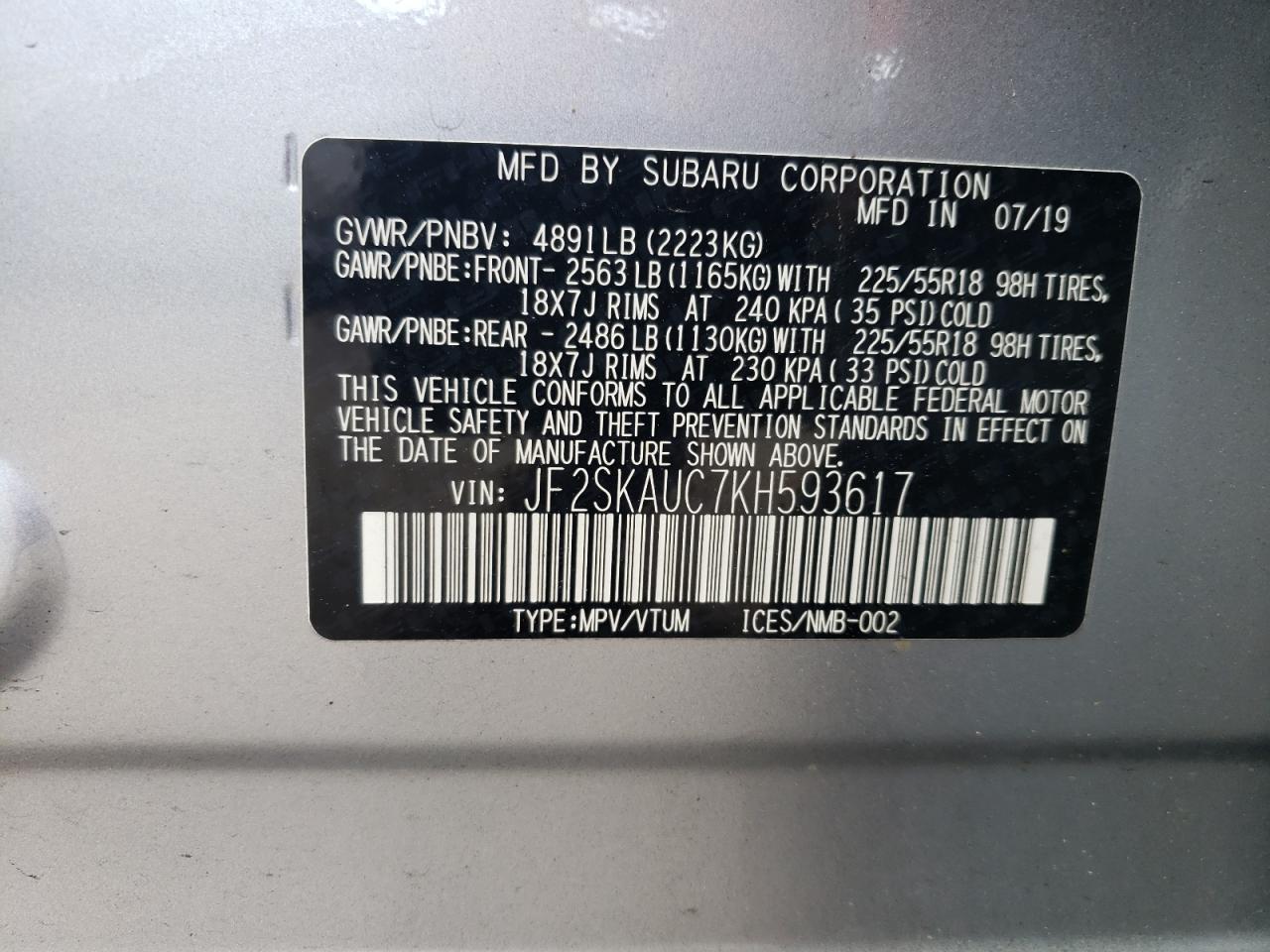 2019 Subaru Forester Limited VIN: JF2SKAUC7KH593617 Lot: 56491325