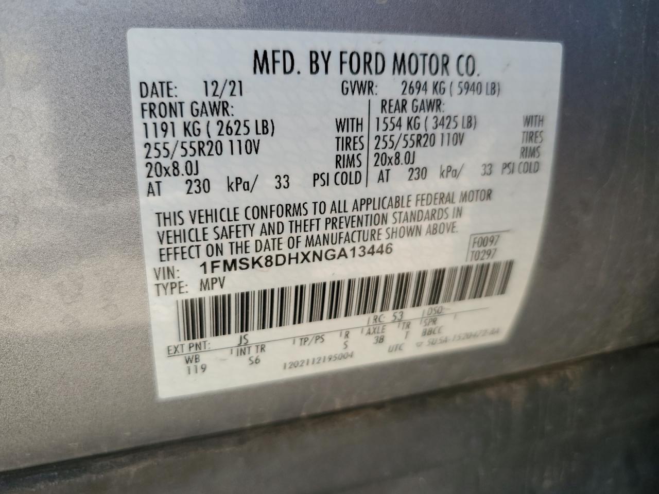 2022 Ford Explorer Xlt VIN: 1FMSK8DHXNGA13446 Lot: 56704185