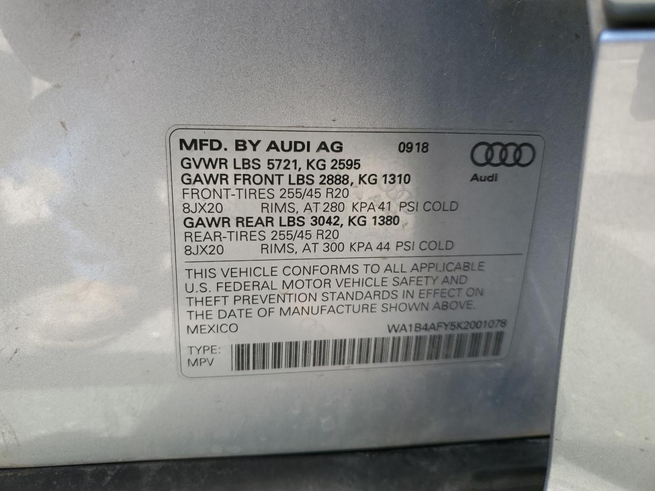 2019 Audi Sq5 Premium Plus VIN: WA1B4AFY5K2001078 Lot: 55521195