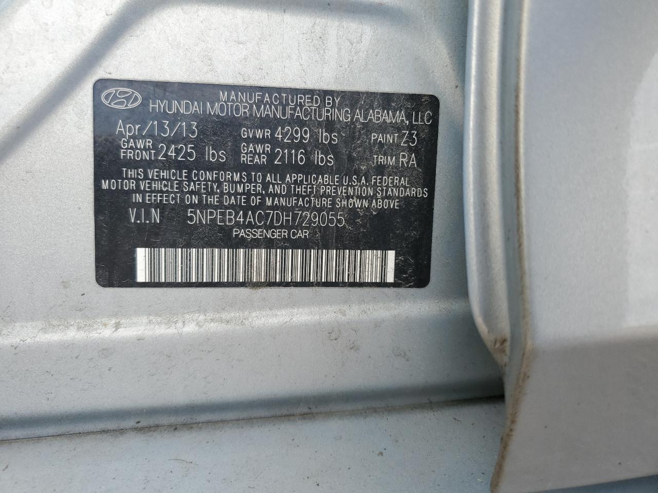 2013 Hyundai Sonata Gls VIN: 5NPEB4AC7DH729055 Lot: 56496075