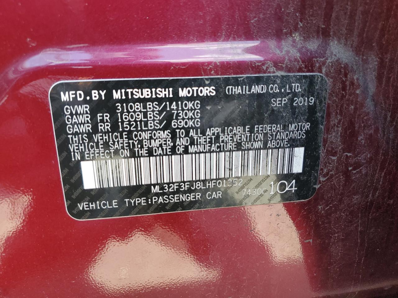 2020 Mitsubishi Mirage G4 Es VIN: ML32F3FJ8LHF01352 Lot: 57063755