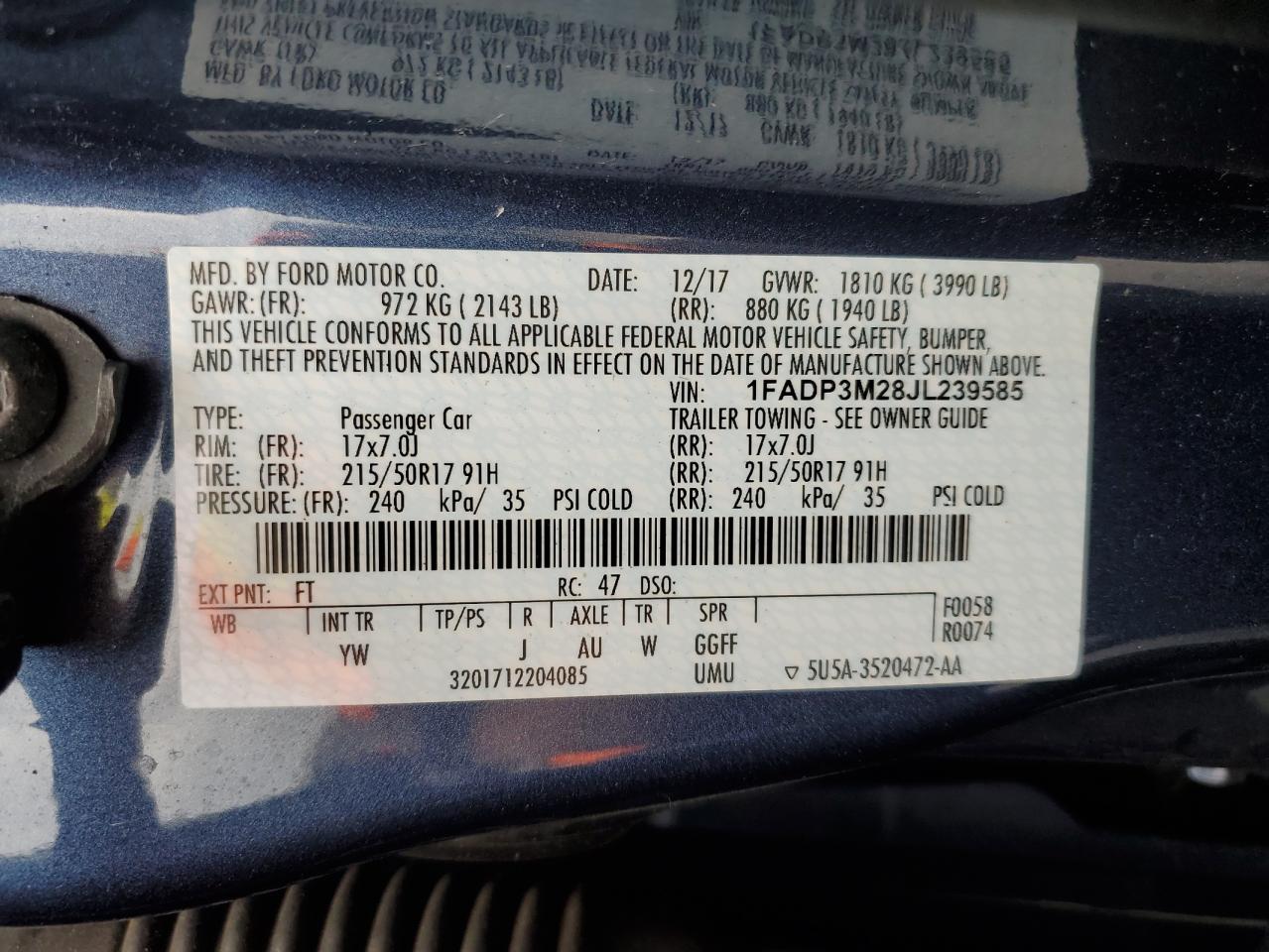 2018 Ford Focus Sel VIN: 1FADP3M28JL239585 Lot: 56978055