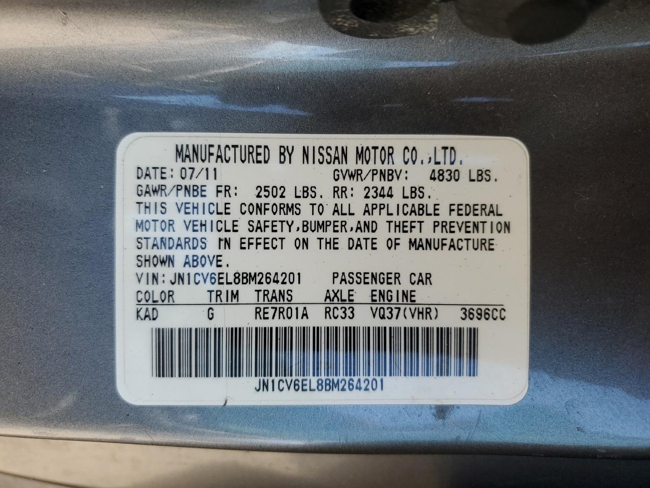 2011 Infiniti G37 VIN: JN1CV6EL8BM264201 Lot: 56931275
