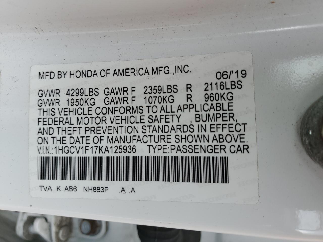2019 Honda Accord Lx VIN: 1HGCV1F17KA125936 Lot: 58786425