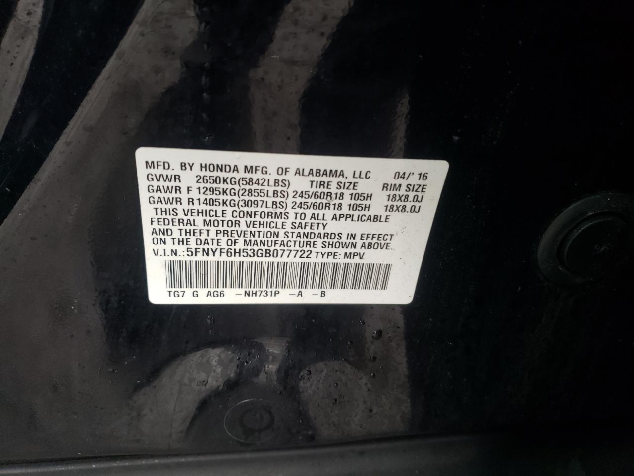 2016 Honda Pilot Exl VIN: 5FNYF6H53GB077722 Lot: 56108835