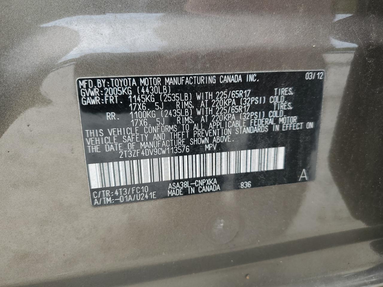 2012 Toyota Rav4 VIN: 2T3ZF4DV9CW113576 Lot: 56945755
