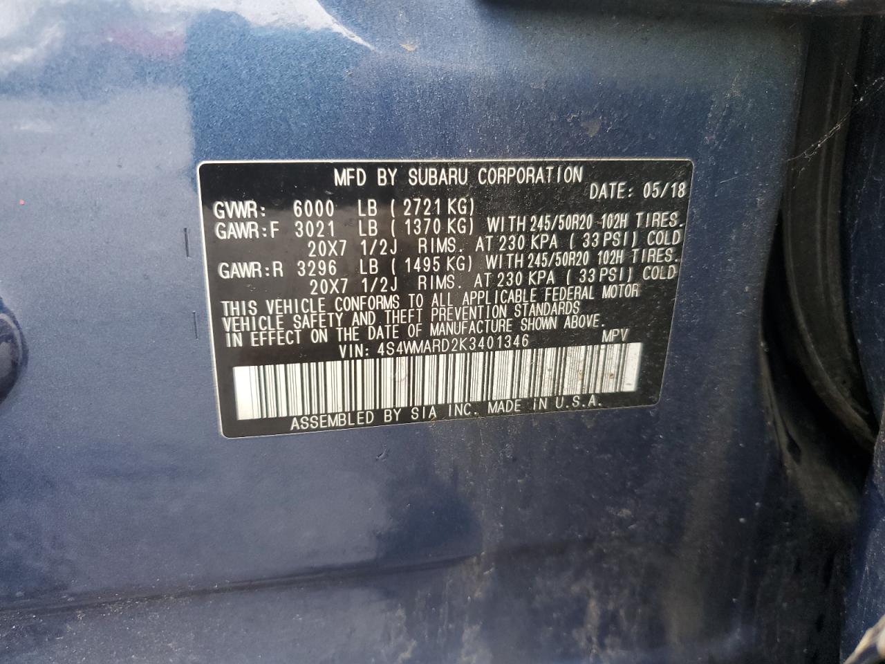2019 Subaru Ascent Touring VIN: 4S4WMARD2K3401346 Lot: 56938735