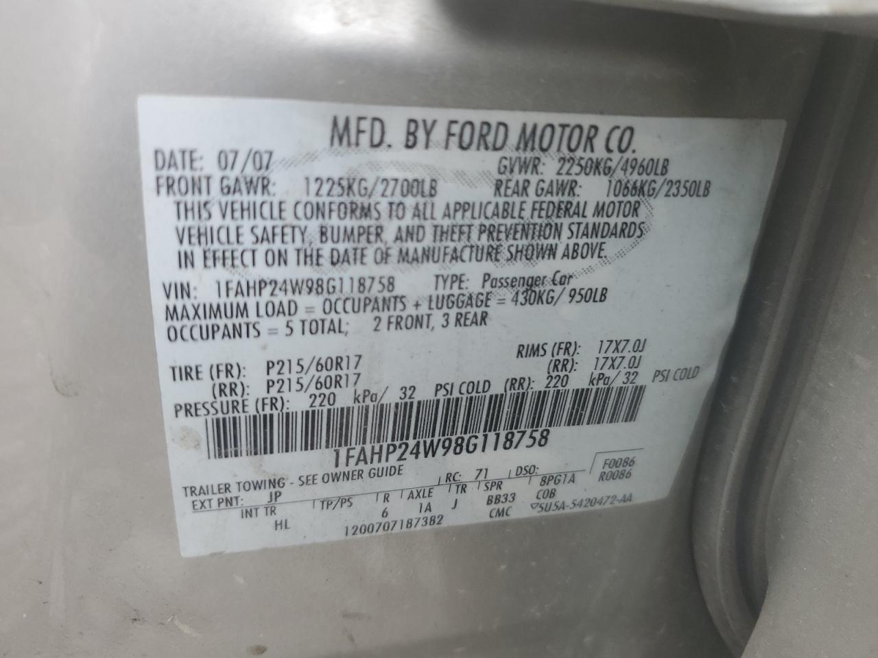 2008 Ford Taurus Sel VIN: 1FAHP24W98G118758 Lot: 56670635