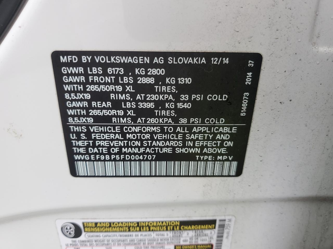 2015 Volkswagen Touareg V6 VIN: WVGEF9BP5FD004707 Lot: 57105155