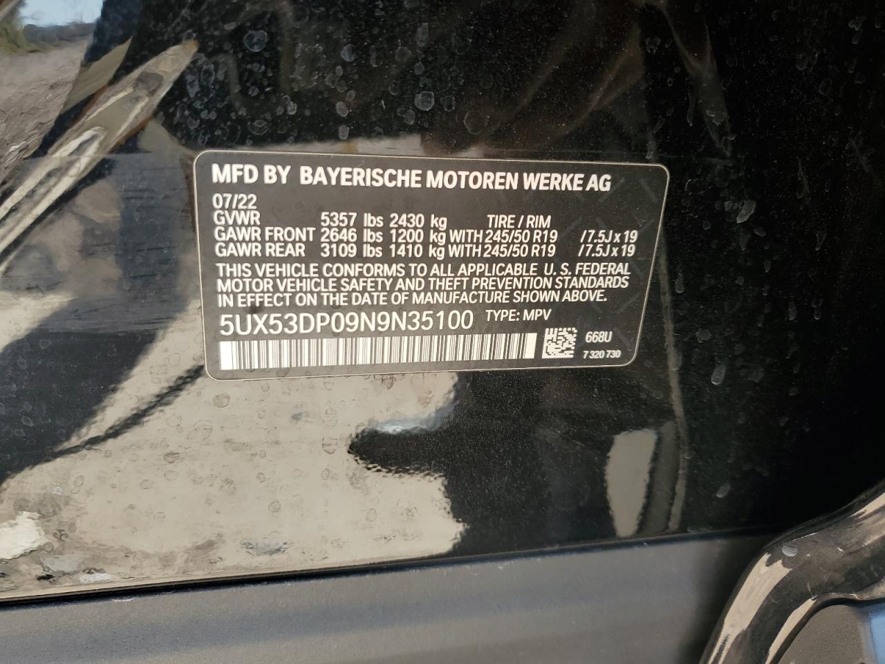 2022 BMW X3 xDrive30I VIN: 5UX53DP09N9N35100 Lot: 57088605