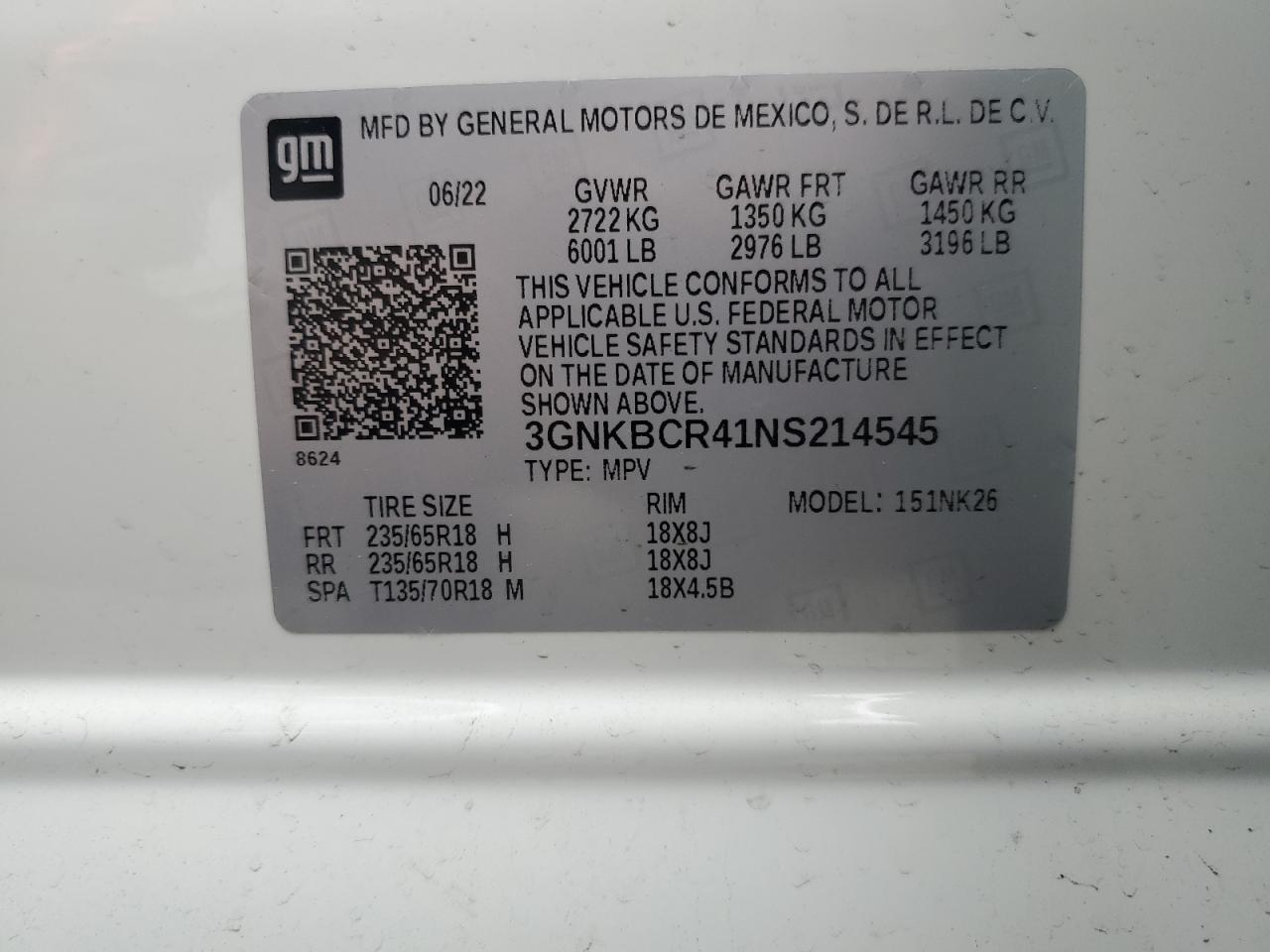 2022 Chevrolet Blazer 2Lt VIN: 3GNKBCR41NS214545 Lot: 56481985