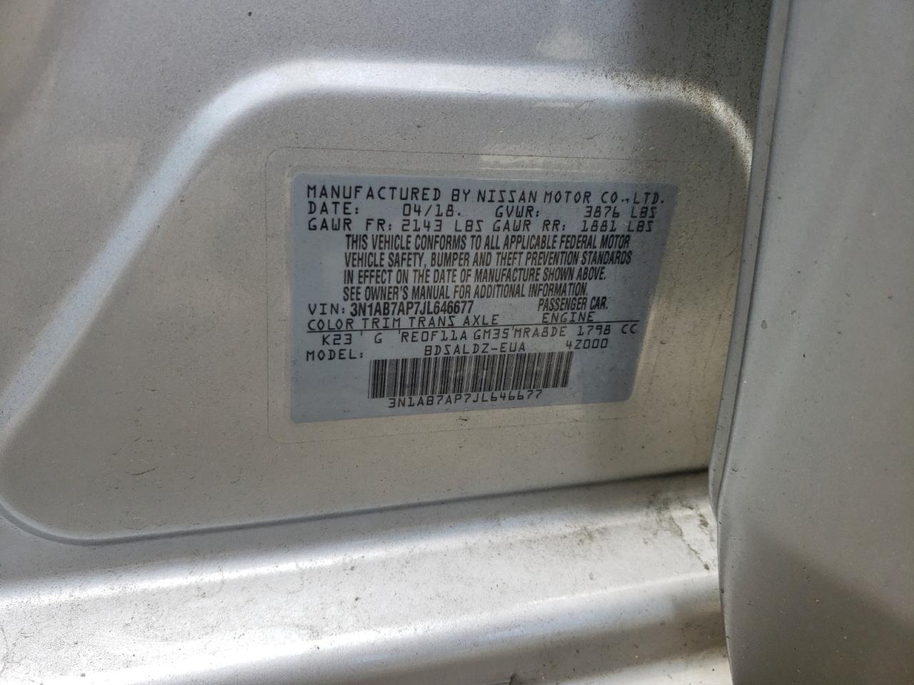 2018 Nissan Sentra S VIN: 3N1AB7AP7JL646677 Lot: 57034135