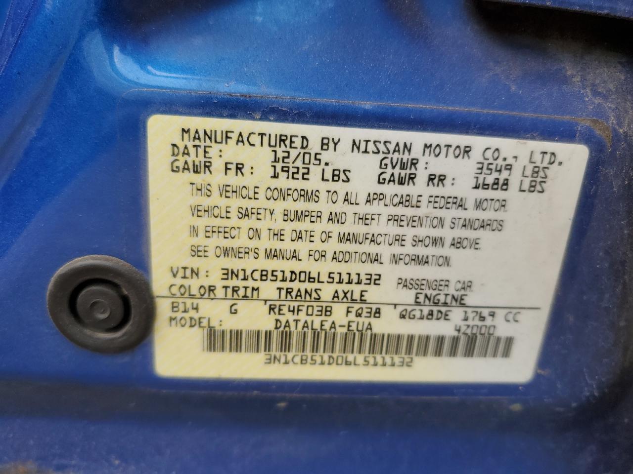 2006 Nissan Sentra 1.8 VIN: 3N1CB51D06L511132 Lot: 56217155