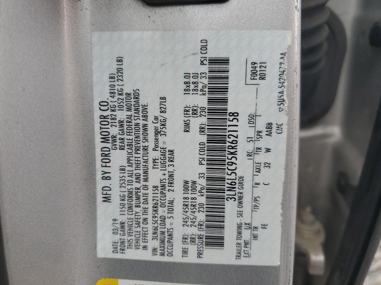 2019 Lincoln Mkz Reserve I VIN: 3LN6L5C95KR621158 Lot: 56783415