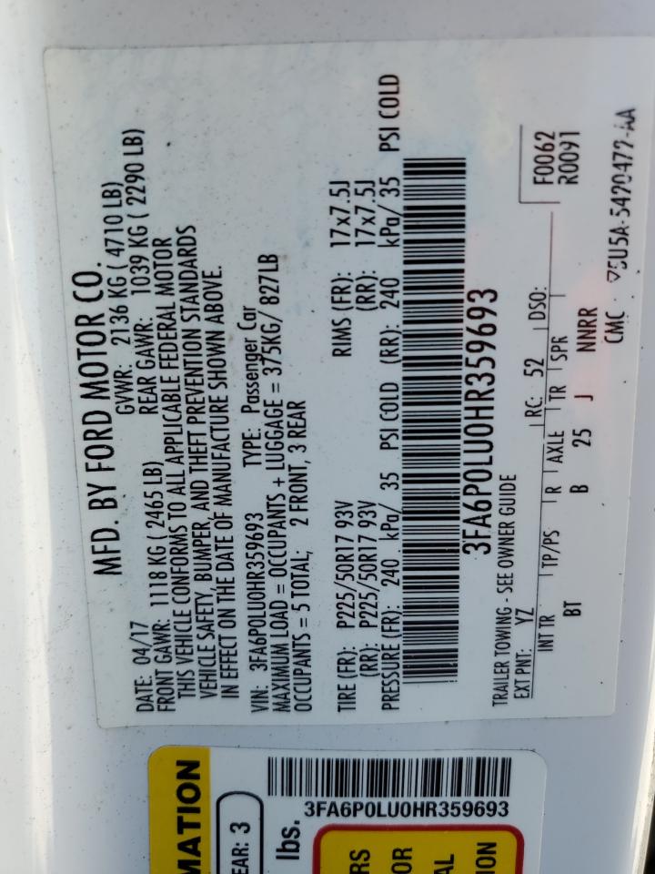 2017 Ford Fusion Se Hybrid VIN: 3FA6P0LU0HR359693 Lot: 54039105