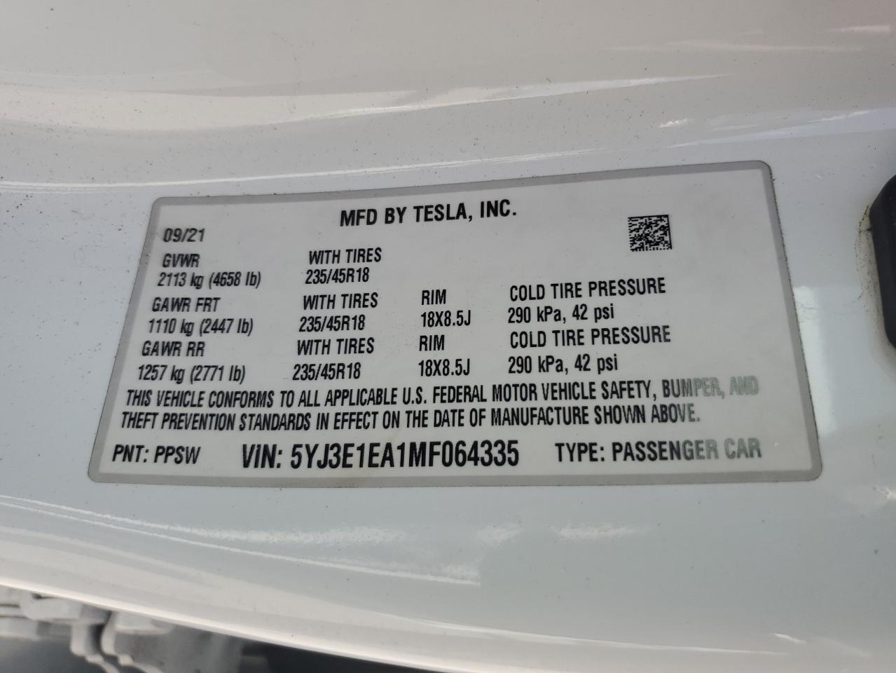 2021 Tesla Model 3 VIN: 5YJ3E1EA1MF064335 Lot: 57133955
