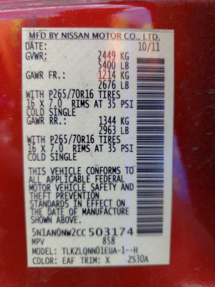 2012 Nissan Xterra Off Road VIN: 5N1AN0NW2CC503174 Lot: 56308395