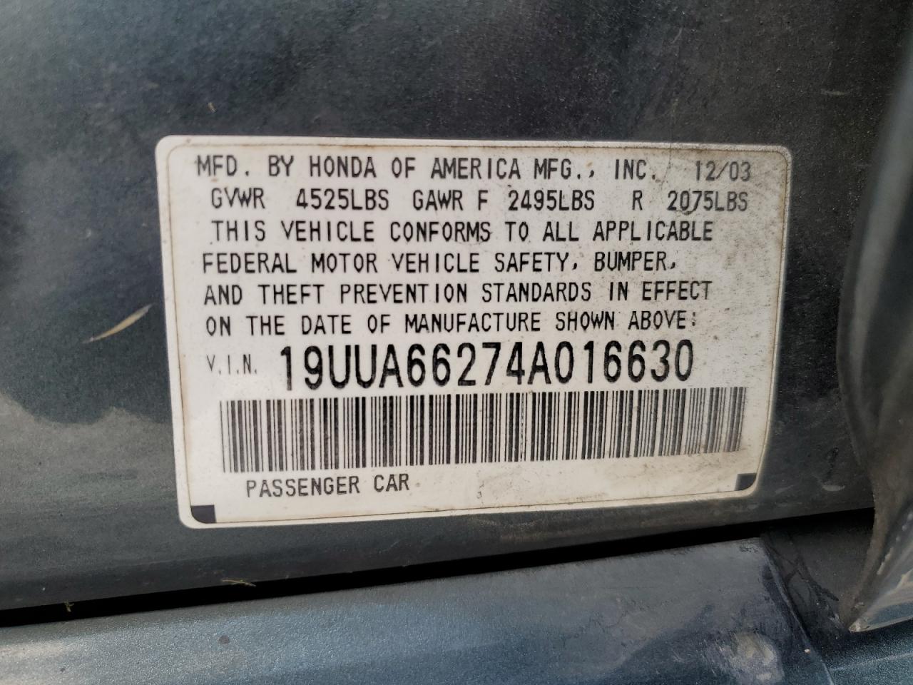 2004 Acura Tl VIN: 19UUA66274A016630 Lot: 56399595