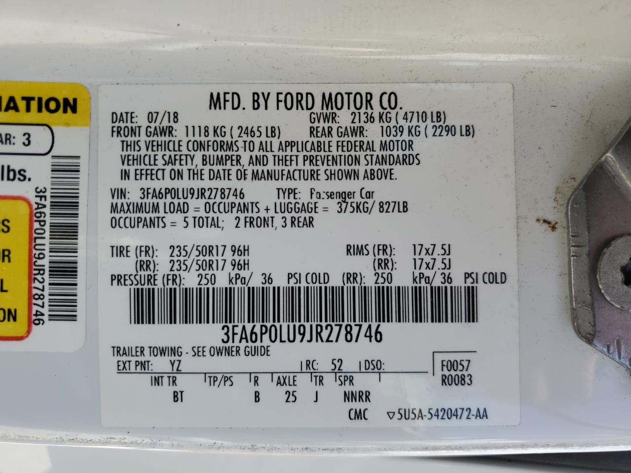 2018 Ford Fusion Se Hybrid VIN: 3FA6P0LU9JR278746 Lot: 54040425