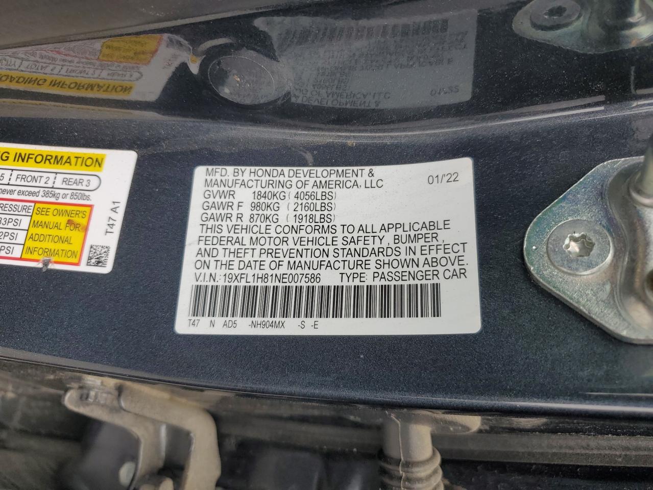 2022 Honda Civic Sport Touring VIN: 19XFL1H81NE007586 Lot: 55566785