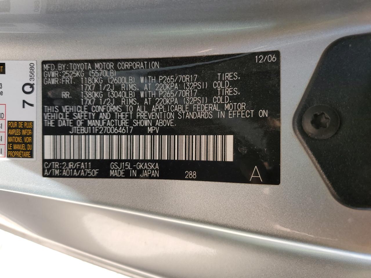 2007 Toyota Fj Cruiser VIN: JTEBU11F270064617 Lot: 56959925