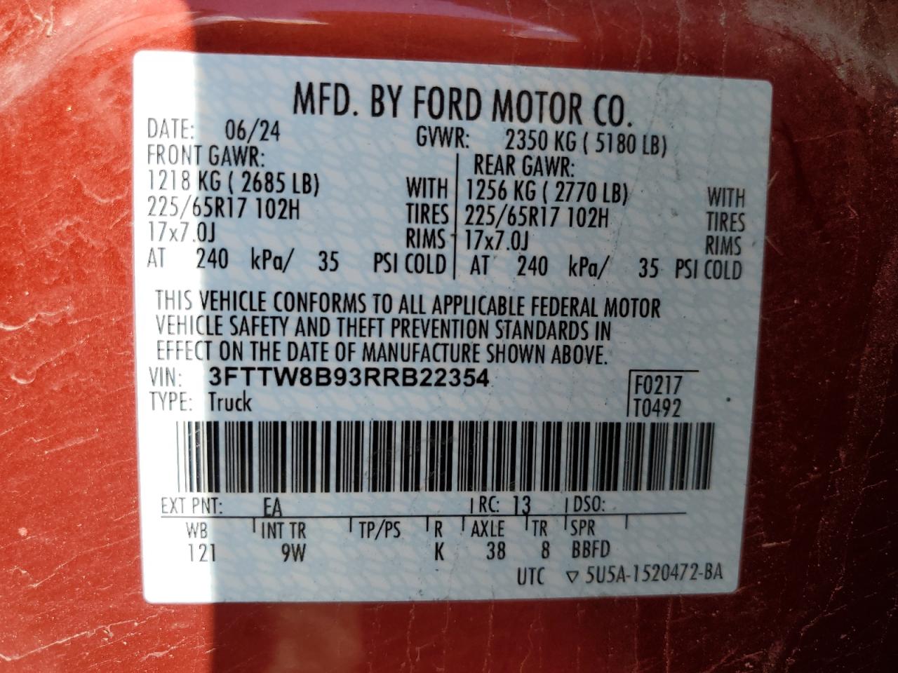 2024 Ford Maverick Xl VIN: 3FTTW8B93RRB22354 Lot: 55435465