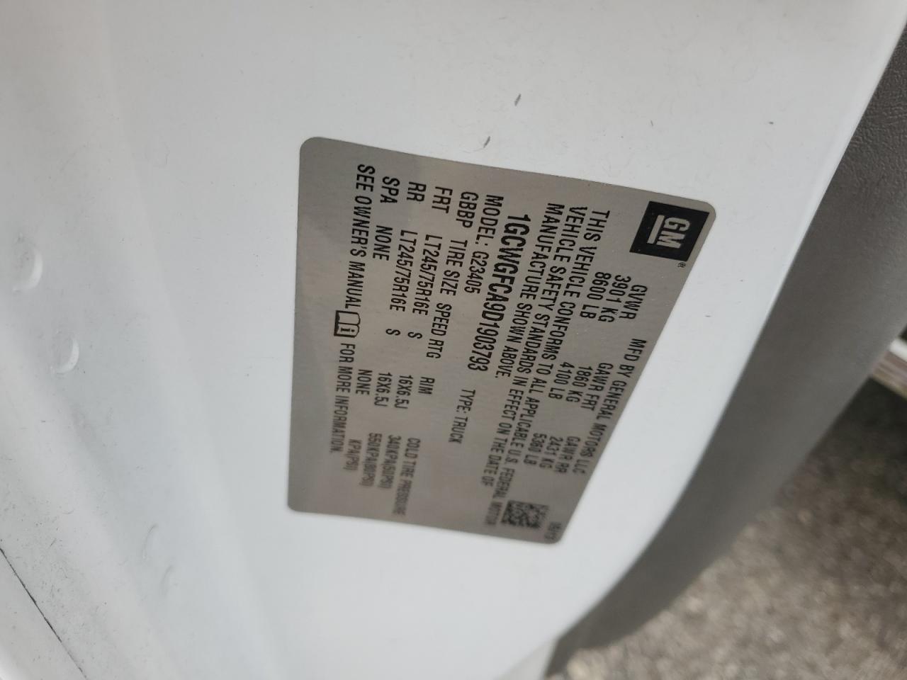 2013 Chevrolet Express G2500 VIN: 1GCWGFCA9D1903793 Lot: 58527625