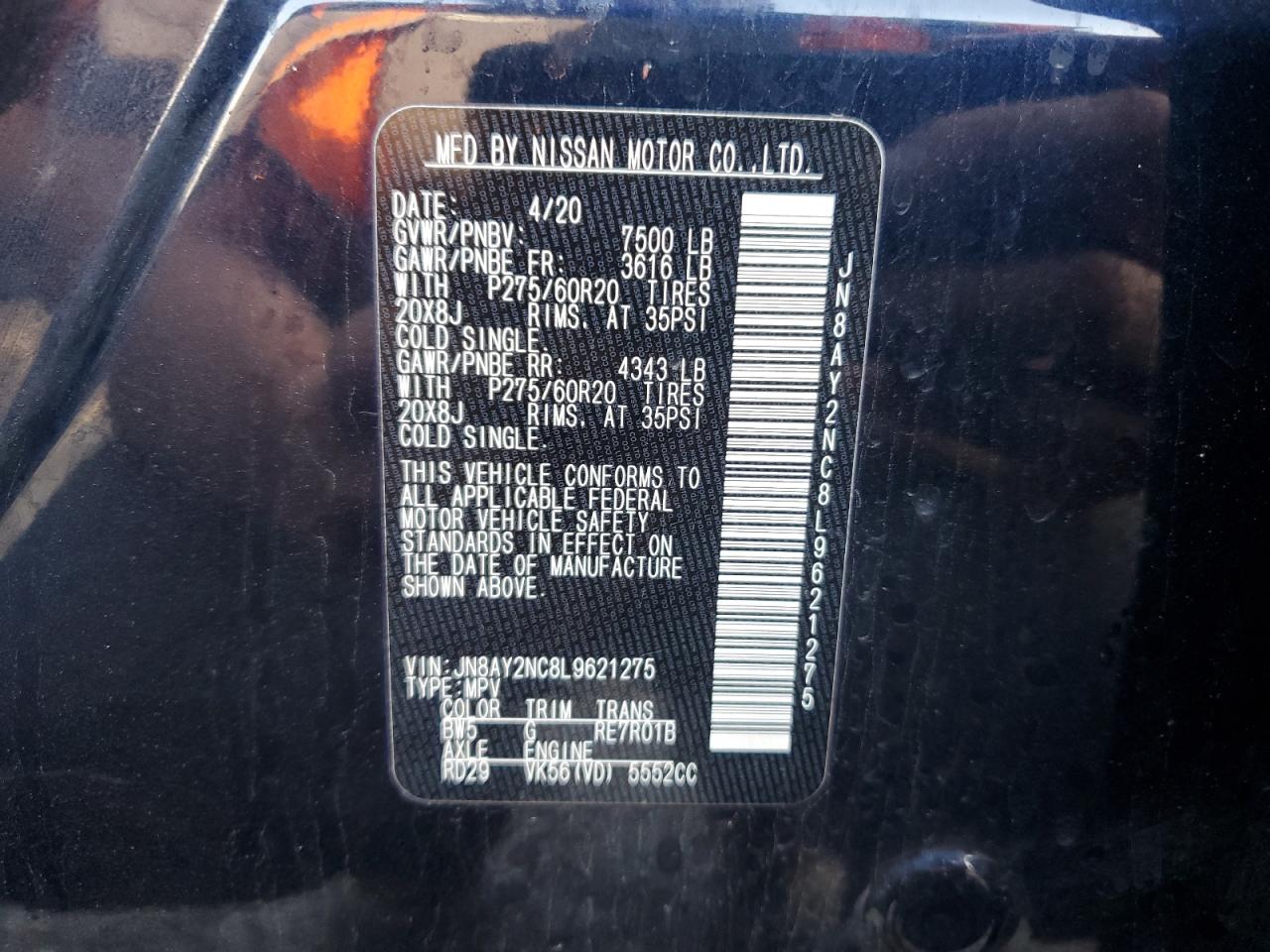 2020 Nissan Armada Sv VIN: JN8AY2NC8L9621275 Lot: 56956895