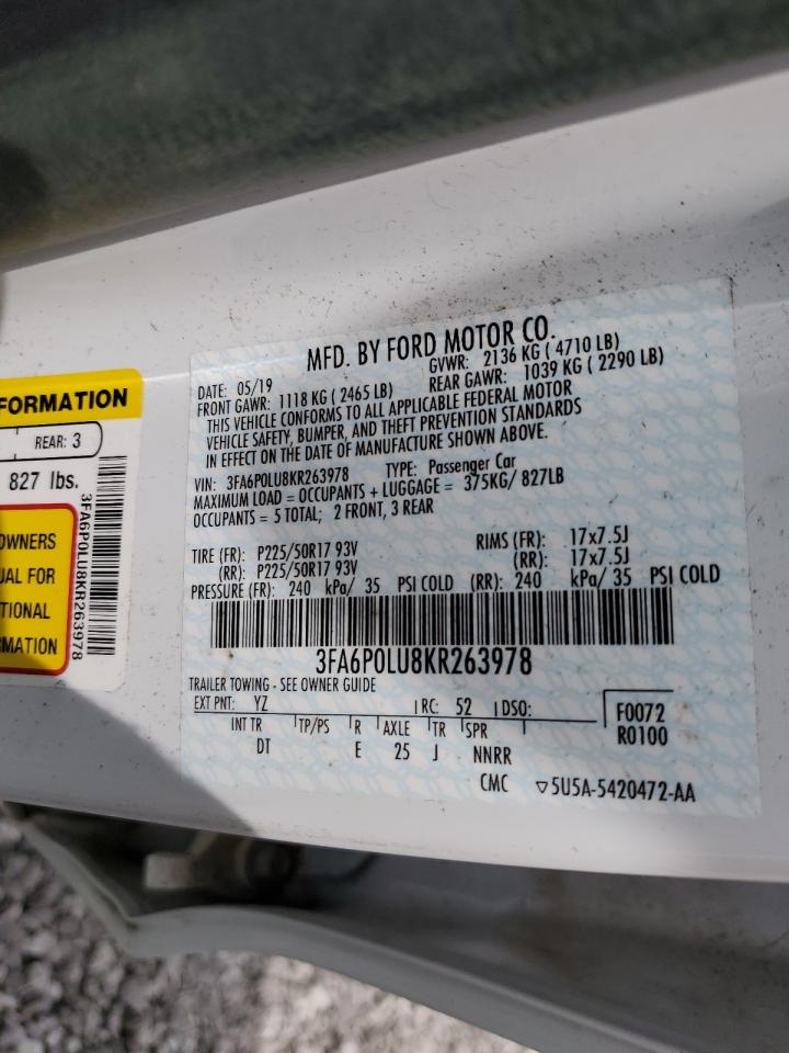 2019 Ford Fusion Se VIN: 3FA6P0LU8KR263978 Lot: 54023835