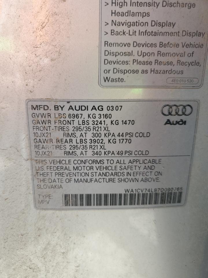 2007 Audi Q7 4.2 Quattro S-Line VIN: WA1CV74L87D090765 Lot: 56693825