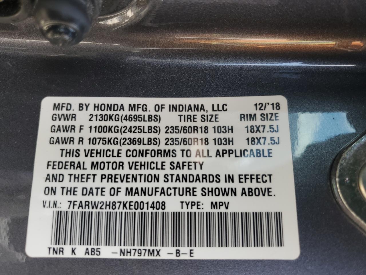 2019 Honda Cr-V Exl VIN: 7FARW2H87KE001408 Lot: 56912275