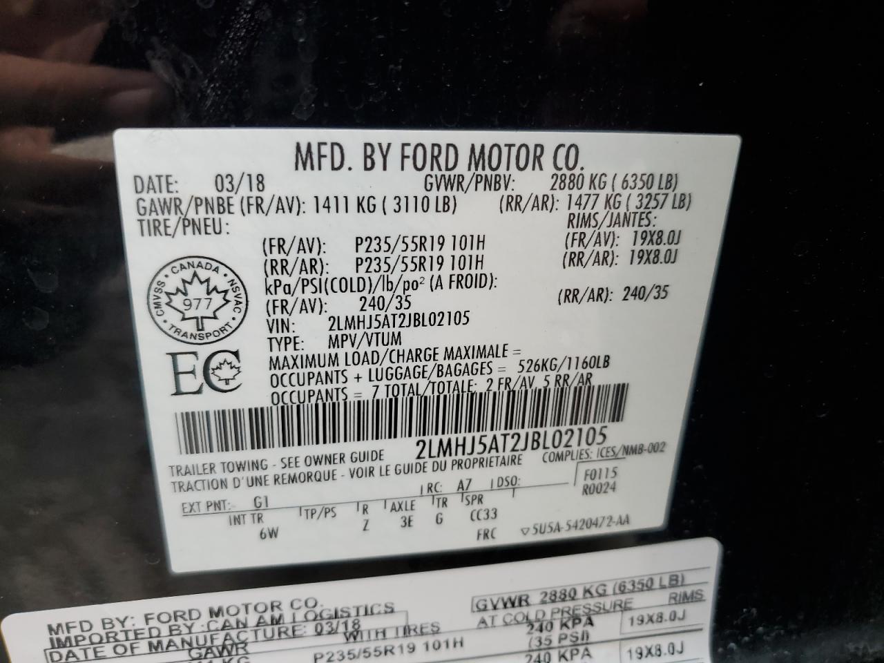 2018 Lincoln Mkt VIN: 2LMHJ5AT2JBL02105 Lot: 58781435