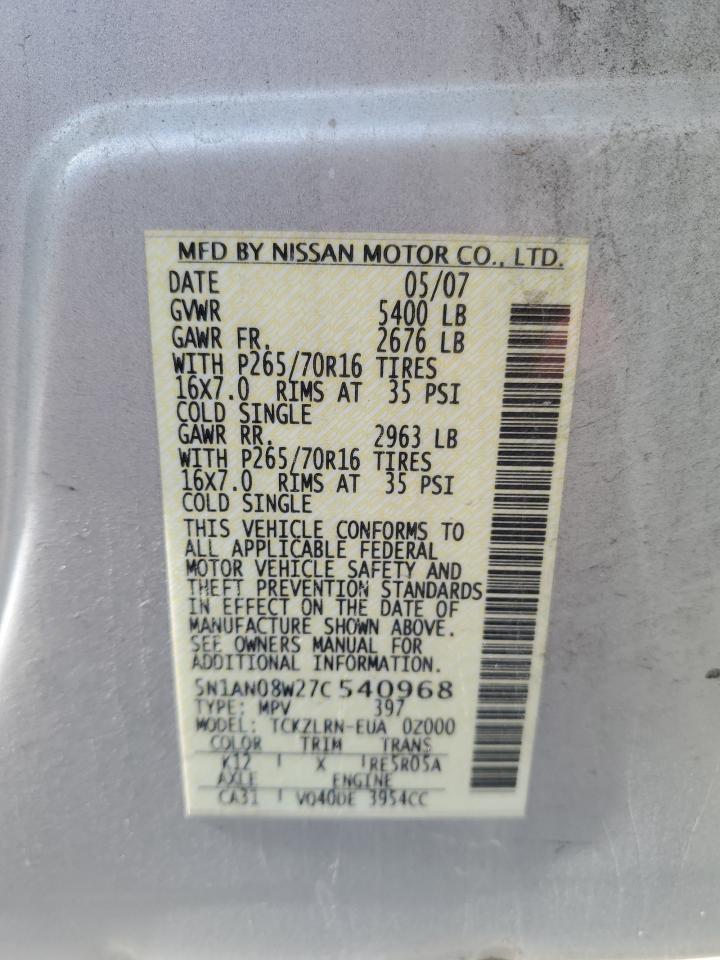 2007 Nissan Xterra Off Road VIN: 5N1AN08W27C540968 Lot: 56586085