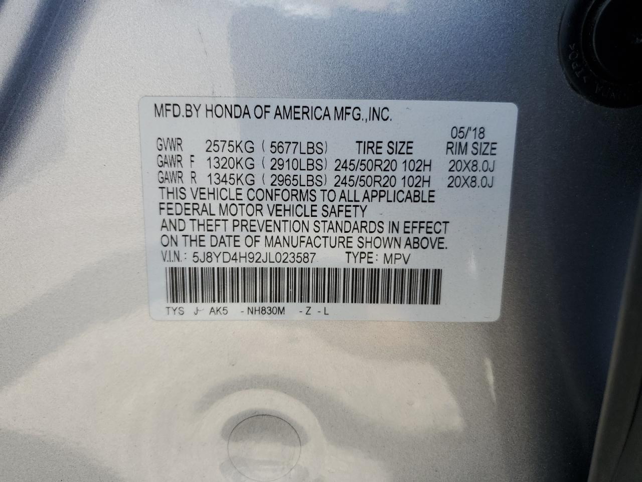 2018 Acura Mdx Advance VIN: 5J8YD4H92JL023587 Lot: 57086465
