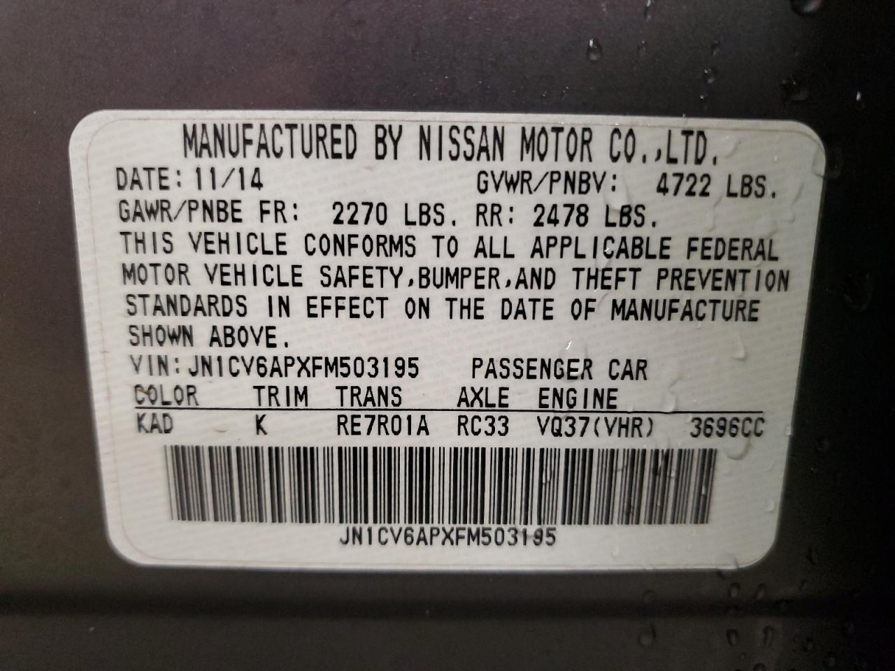 2015 Infiniti Q40 VIN: JN1CV6APXFM503195 Lot: 57089465