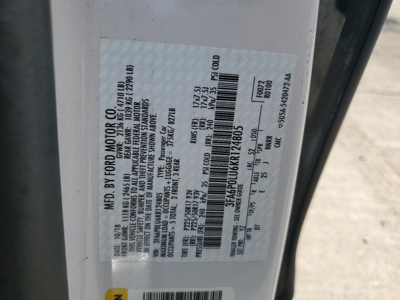 2019 Ford Fusion Se VIN: 3FA6P0LU6KR124805 Lot: 55085195