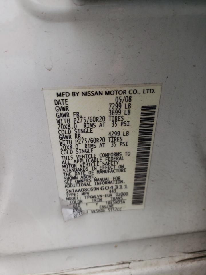 2009 Nissan Armada Se VIN: 5N1AA08C69N604311 Lot: 58841405