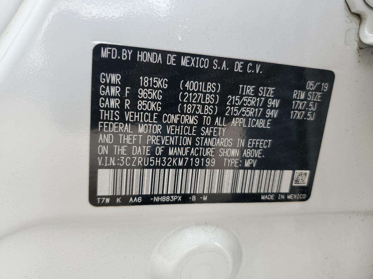 2019 Honda Hr-V Lx VIN: 3CZRU5H32KM719199 Lot: 56868715