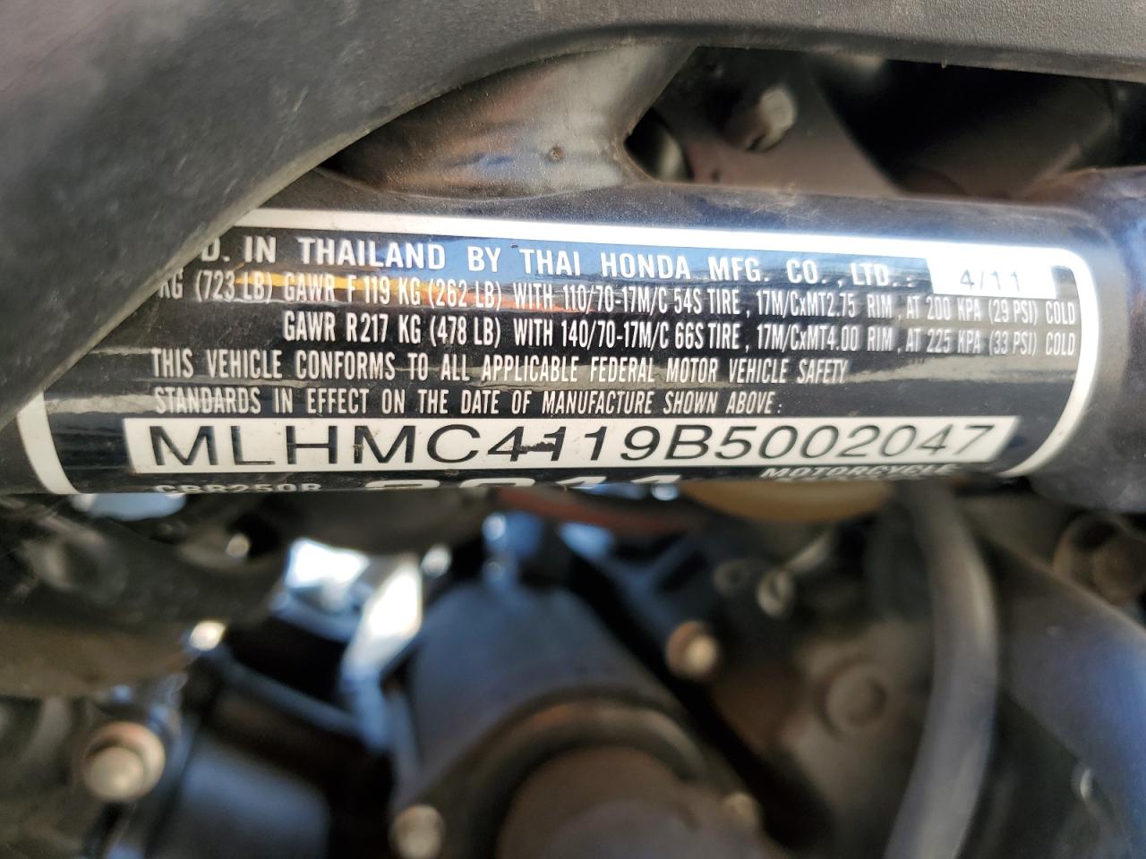 2011 Honda Cbr250 R VIN: MLHMC4119B5002047 Lot: 56194205