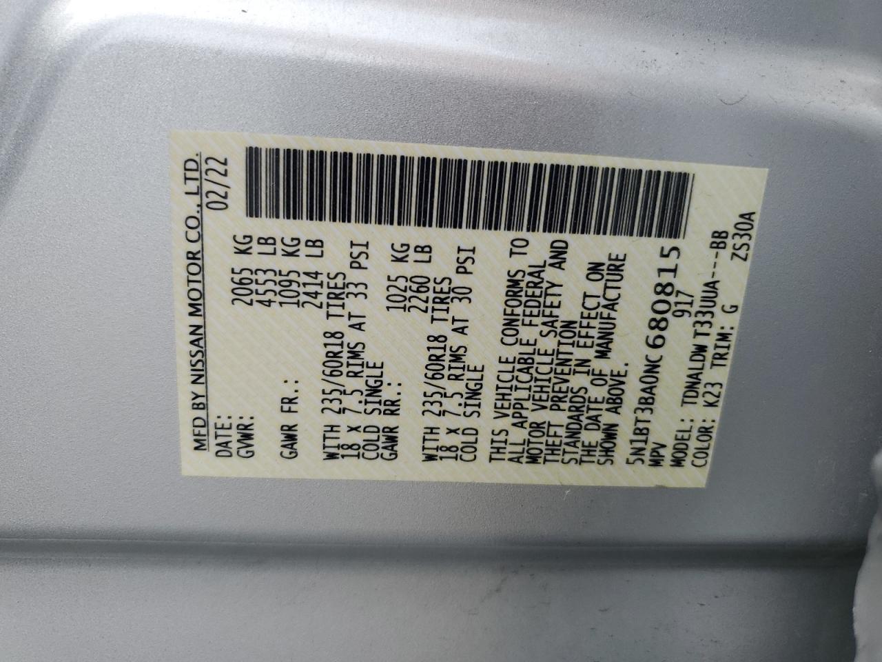 2022 Nissan Rogue Sv VIN: 5N1BT3BA0NC680815 Lot: 57147735