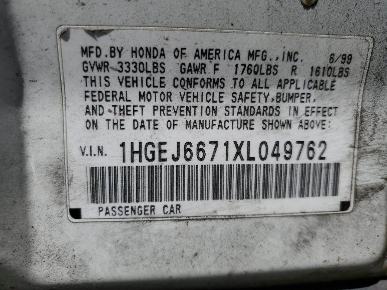 1999 Honda Civic Lx VIN: 1HGEJ6671XL049762 Lot: 56219545