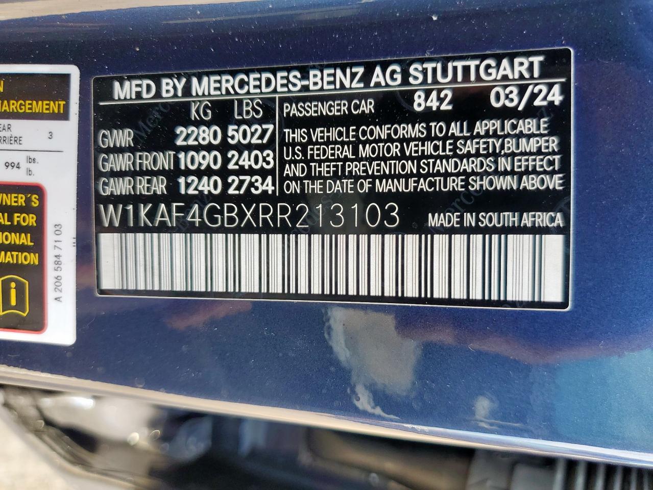 W1KAF4GBXRR213103 2024 Mercedes-Benz C 300