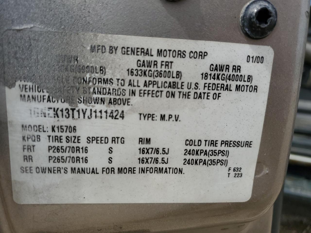 2000 Chevrolet Tahoe K1500 VIN: 1GNEK13T1YJ111424 Lot: 58377725