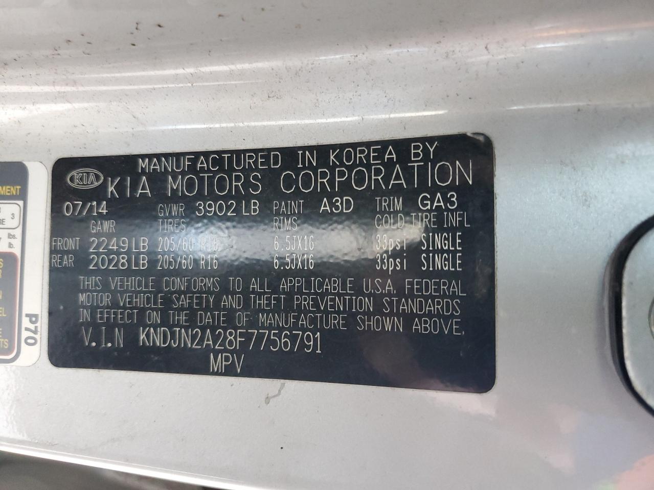 2015 Kia Soul VIN: KNDJN2A28F7756791 Lot: 57301785
