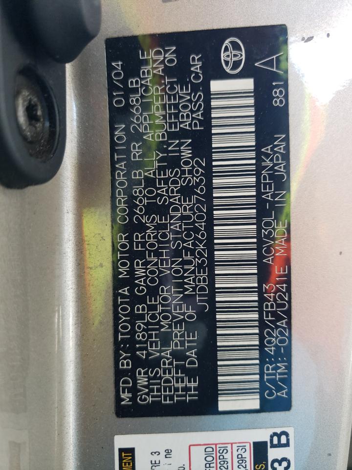 2004 Toyota Camry Le VIN: JTDBE32K640276392 Lot: 59149935